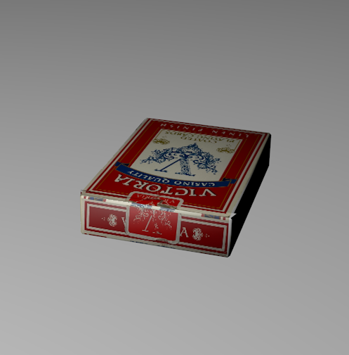 A top angled view of the rendered card box model. I was having a hard time placing the texture on the front and back of the cards. Despite it looking alright at the front, the back wasn't as good.