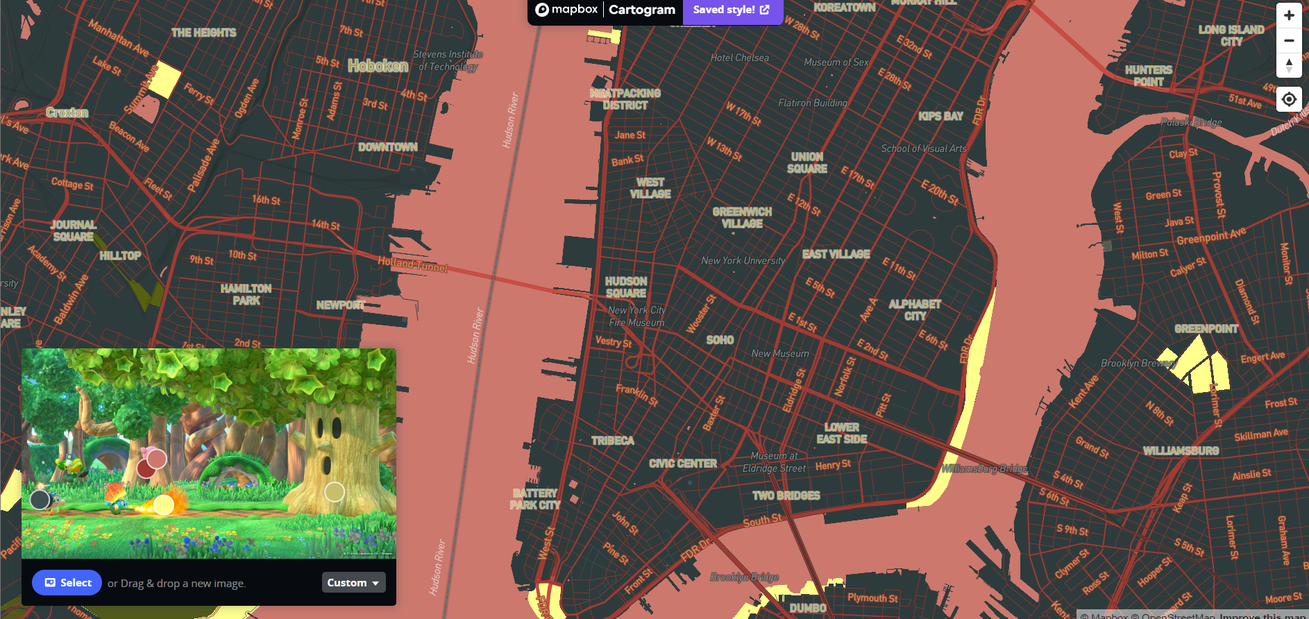 I continued experimenting with styles using images beyond the spatial workshop. This image is from the video game, kirby. There's a lot of colours to source from here, so I thought it would be interesting to play around with them.