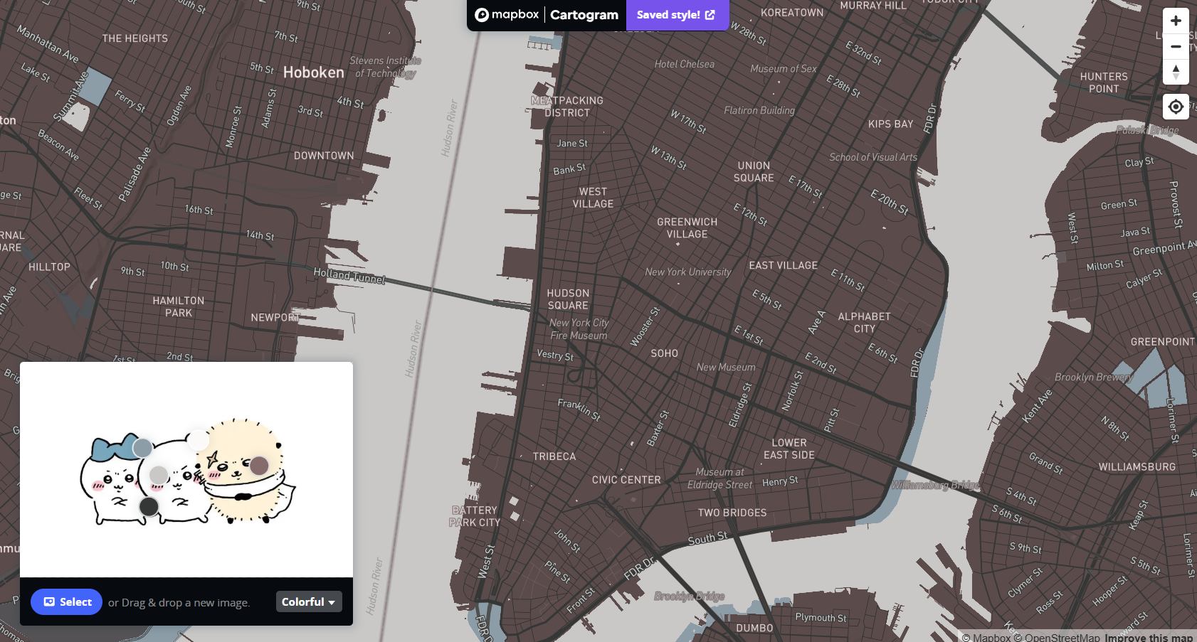 Instead of using images from the workshop, I wanted to try out sourcing colours from other images. I used an image of chiikawa characters for this style.