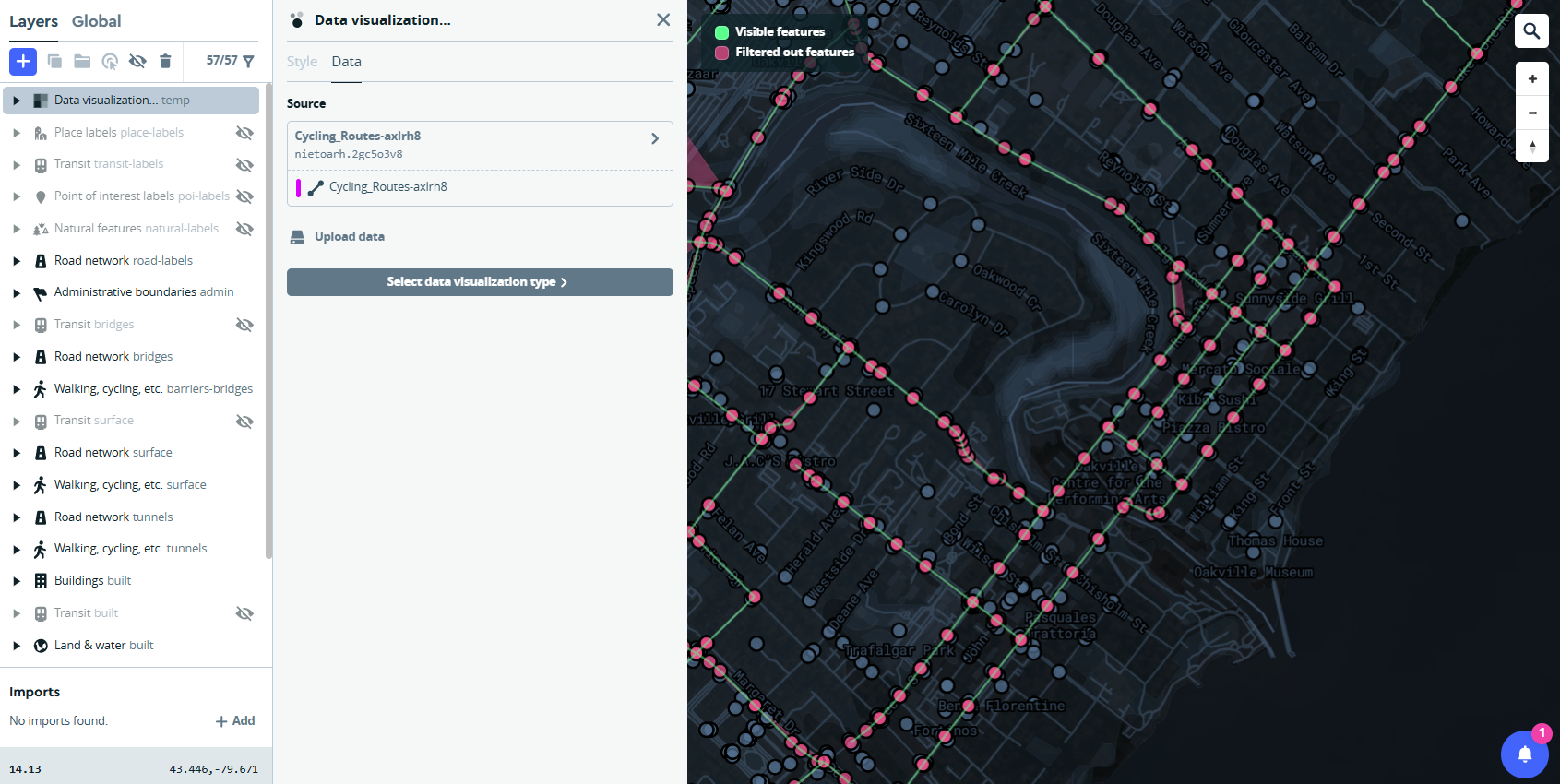 Here are the cycling routes outlined after importing the information into the data visualization on Mapbox.