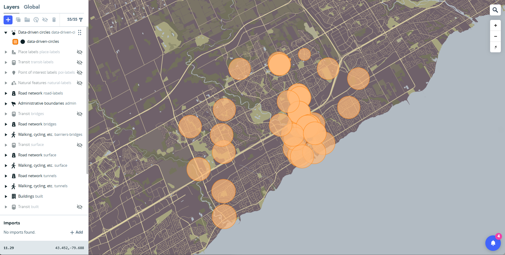 Another data visualization method was utilizing the data driven circle features to map out coyote sightings in Oakville.