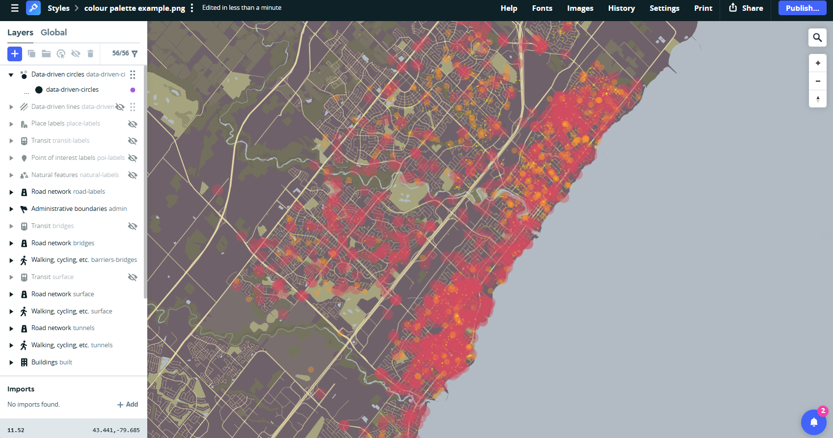 I continued to explore data driven circles as a visualization for stolen bicycle data. Rather than solid circles, they are transparent with varying colours.