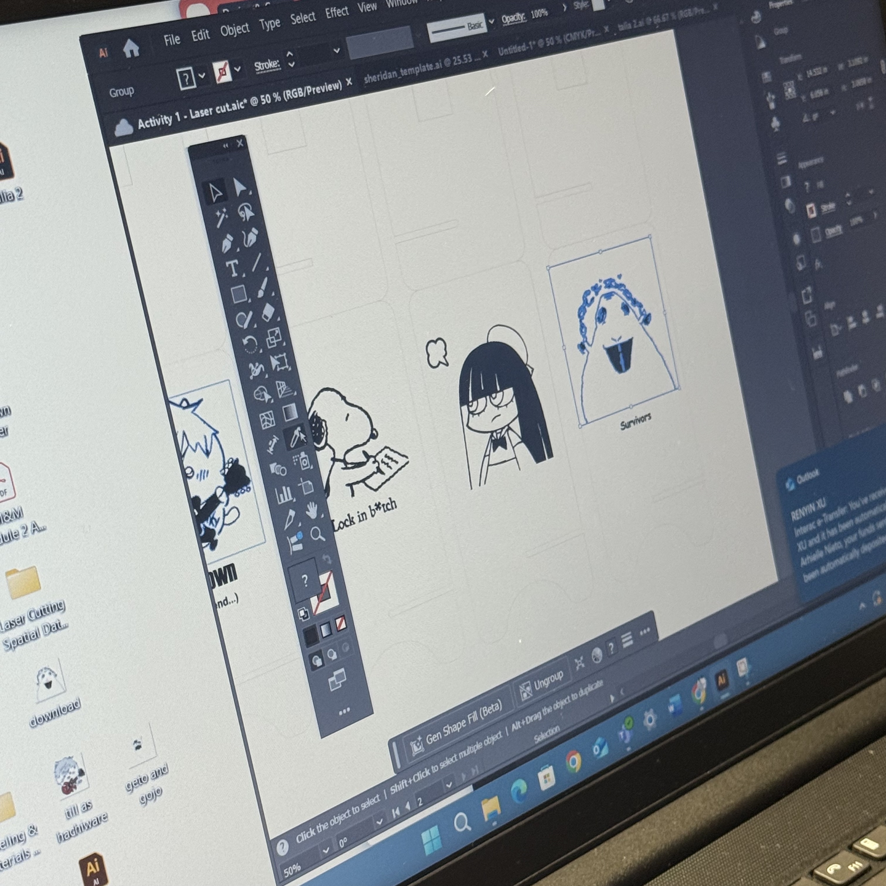 Placing the designs within the template, making sure everything is alright and there is no strokes with only black fill.