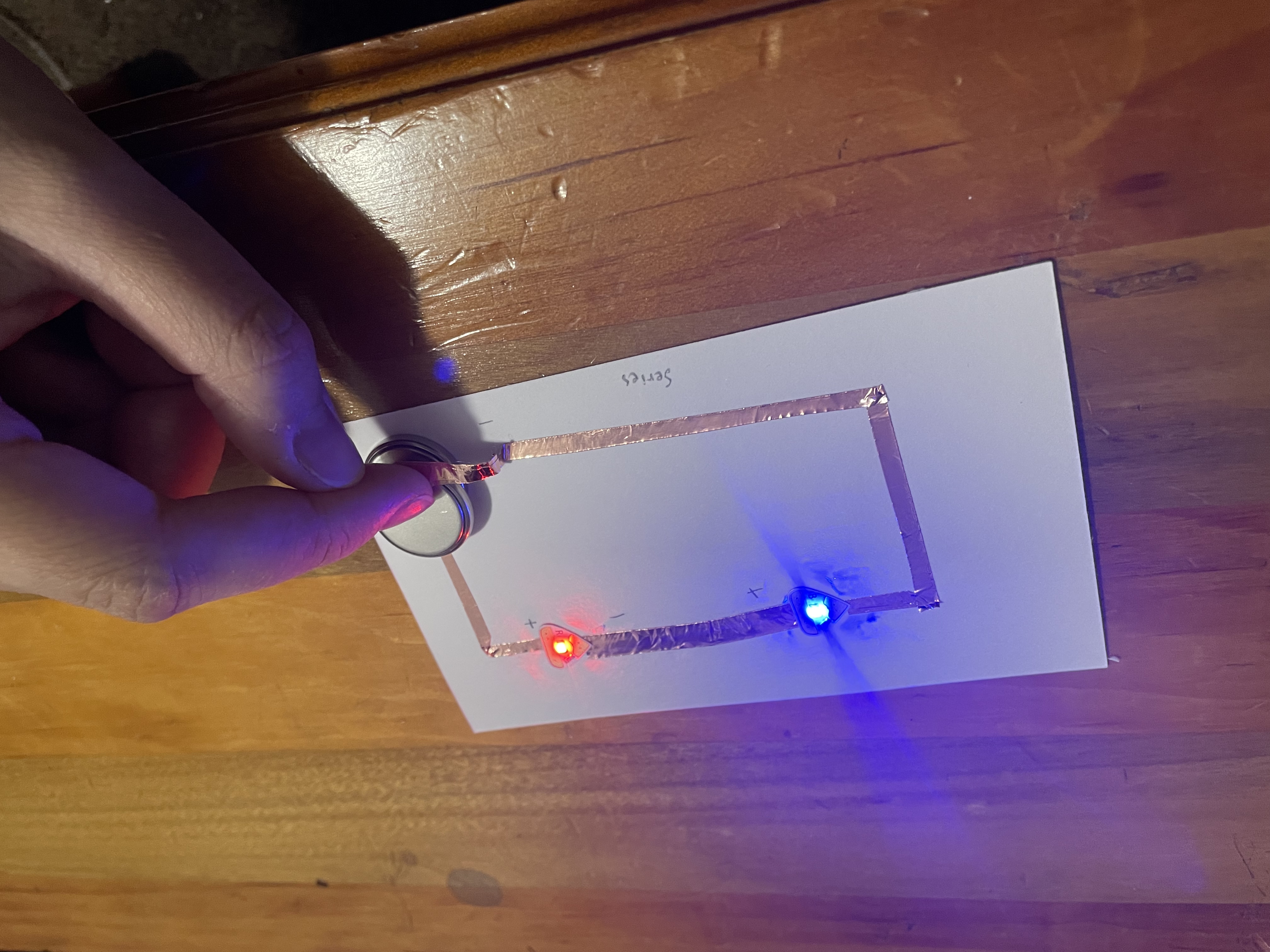 Fortunately the circuit worked using the sticky LED lights. This is how the series circuit looks when the connection is complete.