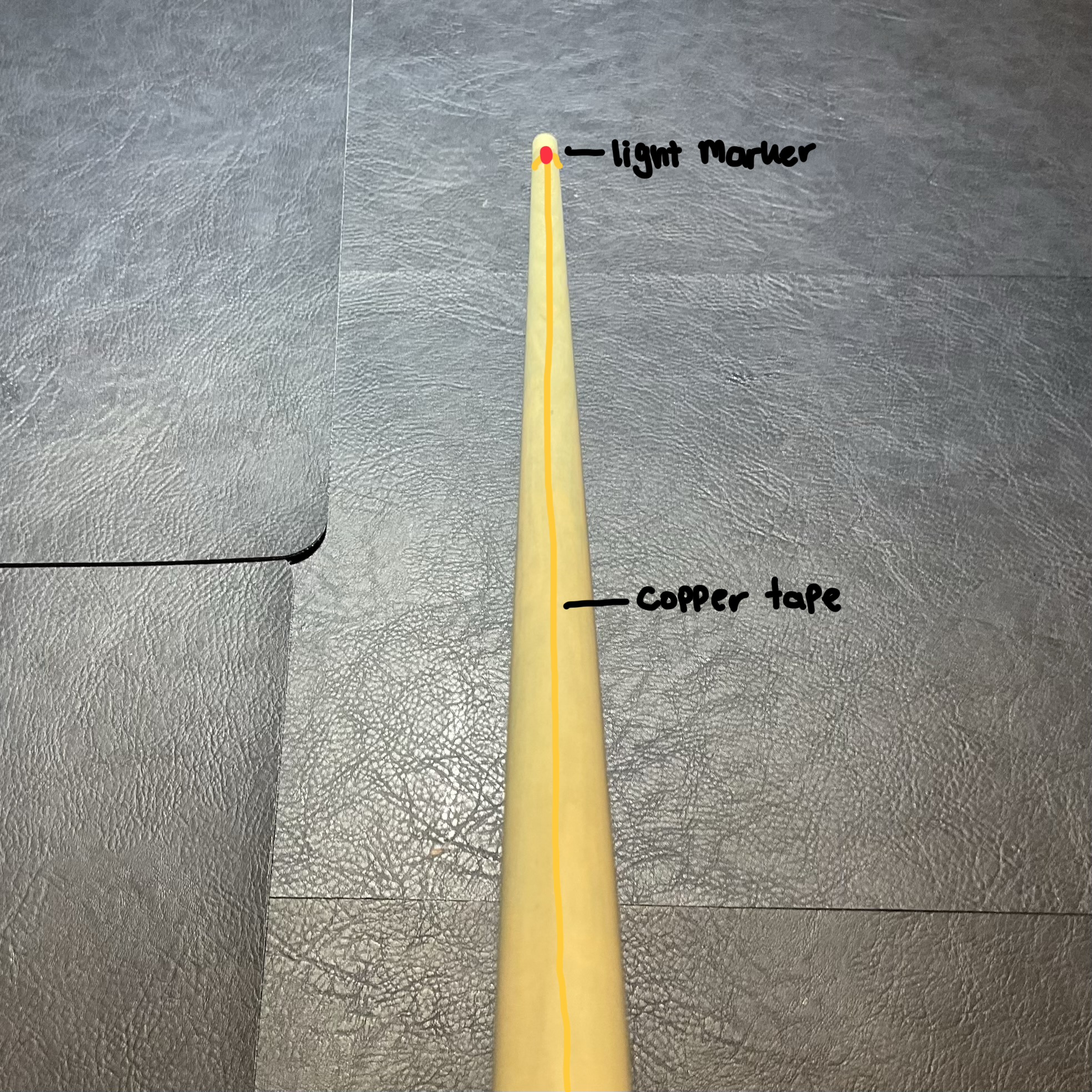 Once the circuit is complete, the light at the end of the stick will light up as illustrated to act like an aim assist.