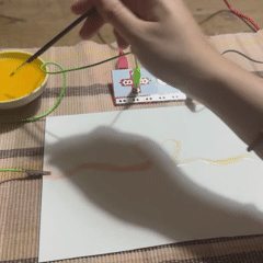 I continued working with water by incorperating a painting aspect into it. I created two water lines, so when it connects, the circuit is complete and creates a sound.