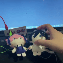 I thought it would be interesting to incorperate a connection with two plushies. Similar to the previous plushie interaction, the circuit would complete itself if the plushies hands are pressed together.