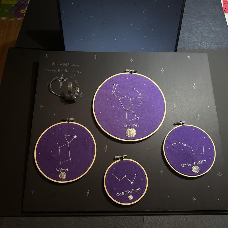 My starry night final aims to translate a traditional medium such as embroidery with a digital interface to create an interactive experience. Each constellation was chosen based on how prominent they are in within each season in the Northern Hemisphere. <a href='https://editor.p5js.org/arhcode/full/OLGQtI_xV' target='_blank'><p>Link to my P5.Sketch</p></a>